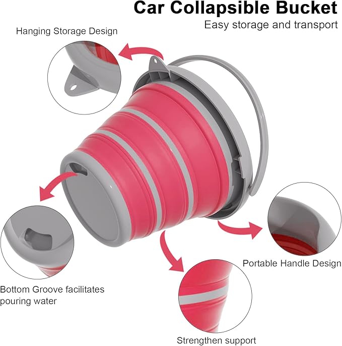 Collapsible Wash Bucket with Microfiber Mitt, 10L (2.6 Gallon) Portable Collapsiblle Bucket with Handle for Car Wash Household Cleaning, Multiuse Collapsibles Water Bucket and Car wash mitt - Pink