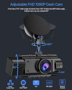 3 Channel Dash Cam Front and Rear Inside with 64GB SD Card, 1080P+720P+720P Car Dash Camera for Cars Front and Rear, Dashcam with G-Sensor, Loop Recording, 24H Parking Mode, Night Vision