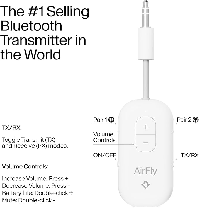 AirFly Pro 2 – Bluetooth Adapter, Pair 2 AirPods or Wireless Headphones – 3.5mm AUX Bluetooth Transmitter and Receiver for Cars, Boats, Treadmills, TVs & More – Travel Essentials,White