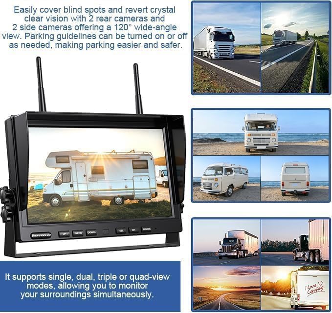 ZEROXCLUB 10'' 1080P Wireless Backup Camera System, 10 Inch DVR Quad Split Monitor Wireless Rear Side View Cameras, IP69 Waterproof Digital Signal Record System for RV/Truck/Trailer/Camper-BW104SL