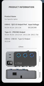 8-in-1 Car Cigarette Lighter Splitter, QC3.0 3 USB Ports & 2 Type-C PD 35W Fast & Safe Charging,3 Sockets with Independent/ Master Switches, Real-Time Voltage Display, Smart Trickle Charging, 12-24V