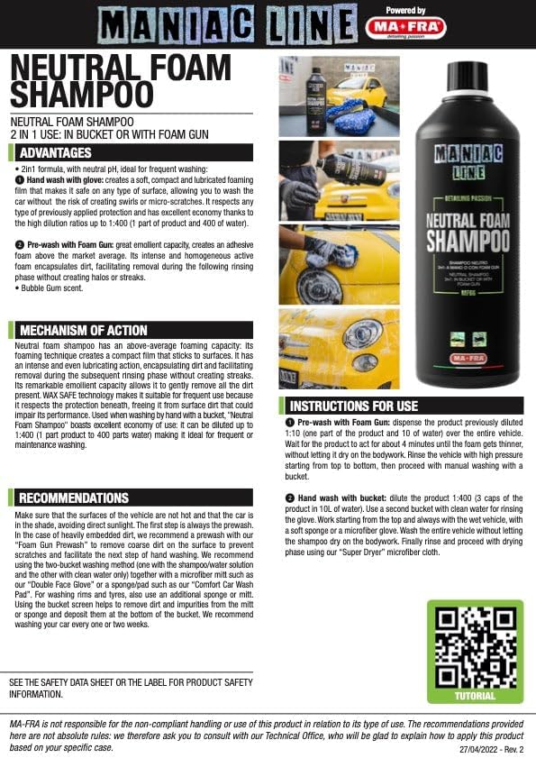 MANIAC LINE MAFRA Neutral Foam Shampoo | pH-Neutral 2-in-1 Car Wash Soap | Safe for Coatings & Wax | Use with Two-Bucket Method or Foam Gun Prewash | Gentle on All Vehicle Surfaces | 1L