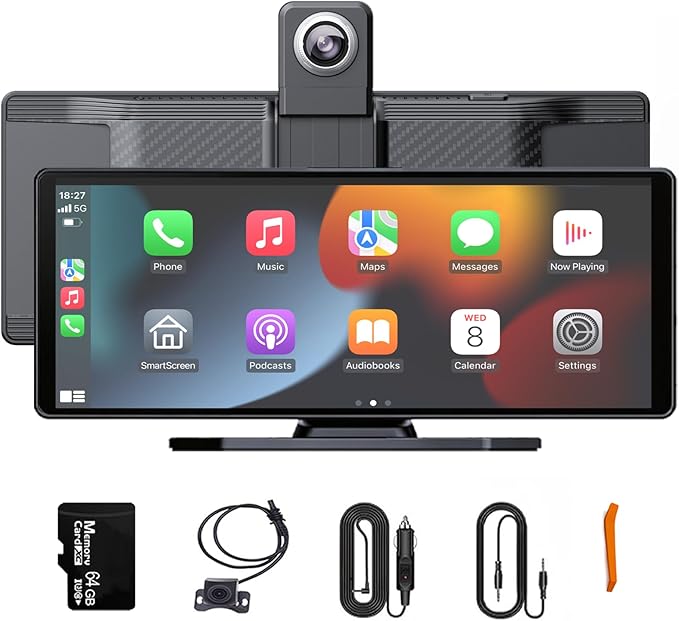 10.26 Inch Wireless Apple CarPlay & Android Auto Screen for Car with 4K Dash Cam,Ultra-Light Touchscreen, IP68 1080P Backup Camera, GPS Navigation, Voice Control, Mirror Link(64GB U3 Card)