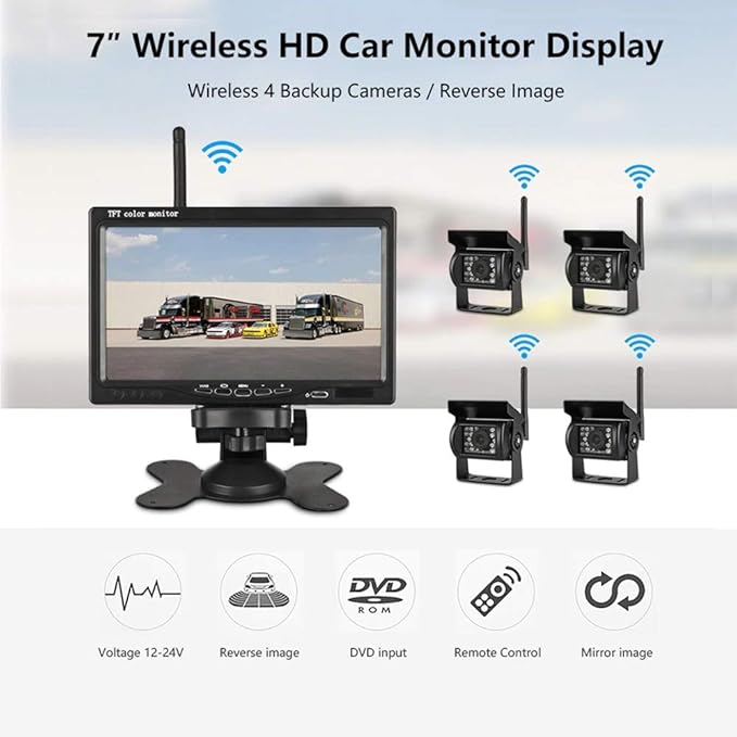 EVERSECU 4pcs Wireless Vehicle Backup Cameras Plus 7" Monitor Parking Assistance System for RV/SUV/Van/Pickup/Truck/Trailer Rear/Side/Front View System Switchable