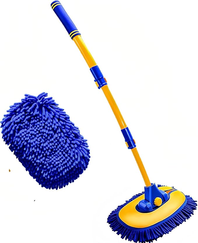 43'' Car Wash Brush with Long Handle Chenille Microfiber Car Wash Kit Mitt Retractable Bent Pole Car Wash Mop for Cars RV Truck Boat (Blue-1)