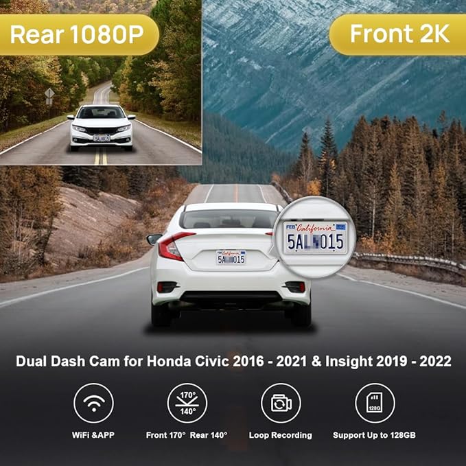 Fitcamx Front 2K+Rear 1080P Dash Cam Adapts for Honda Civic 2016-2021 (Has 6 Vents/HD2-0211) & Honda Insight 2019-2022, OEM Style, Dual HD Video, WiFi & APP, Loop Recording, G-Sensor, 64GB Card