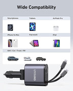 iPhone Car Charger 4 in 1 Fast USB Car Phone Charger 20W Double Lightning Retractable Cables 31.5 Inch and 2 USB Ports Car Charger Adapter for iPhone 17/16/15/14/13/12 Pro Max/XR/XS,Samsung,Pixel,iPad