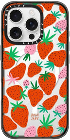 CASETiFY Impact Case for iPhone 16 Pro [Slim / 8.2 ft. 4X Military Grade Drop Protection/Compatible with Magsafe] - Strawberries - Clear Black