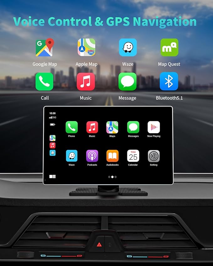 Madoec Portable Apple Carplay Screen for Car, 9" Wireless Apple Carplay & Android Auto,4K Dash Cam,1080p Backup Camera DVR,Car Audio Receivers GPS Navigation Mirror Link, Bluetooth,FM, Siri