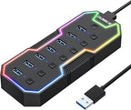 ZIUMIER USB 3.0 Hub,7 Ports USB Expander with RGB LED Strip,USB Hub for Laptop,Individual LED On/Off Switches for Mac, PC, Desktop, Flash Drive, Mobile HDD