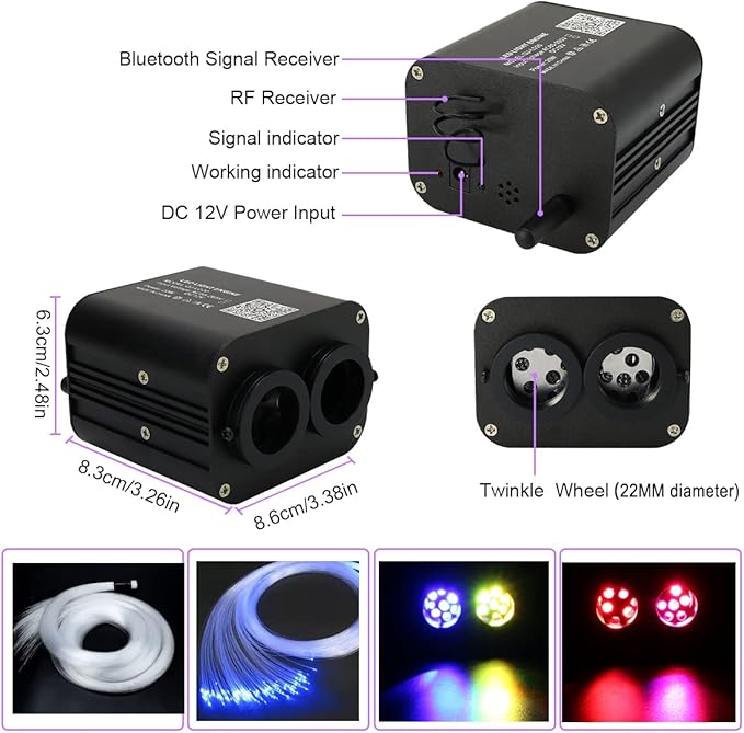 AZIMOM Dual Color 20W Fiber Optic Light Source RGBW Light Box Engine Diver Bluetooth/RF Remote Control Music Sensor Mode for Car/Home Star Ceiling Effect Decoration