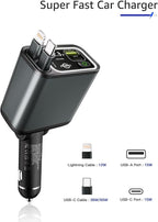 Retractable Car Charger USB C,107W Type C Car Charger Fast Charging with Dual Retractable Cable and USB Ports for iPhone 17/16/15,S25/24/23/22, Pixel 9/8/7(Build-in USB-C & Lightning Cable)