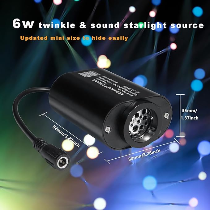 AMKI Mini 6W Starlight Headliner Kit 400pcs 0.03in 9.8ft,Twinkle+Sound Activated Fiber Optic Light 4Lamp Beam Starlight Box APP/Remote Control for Car Home Star Ceiling Decoration