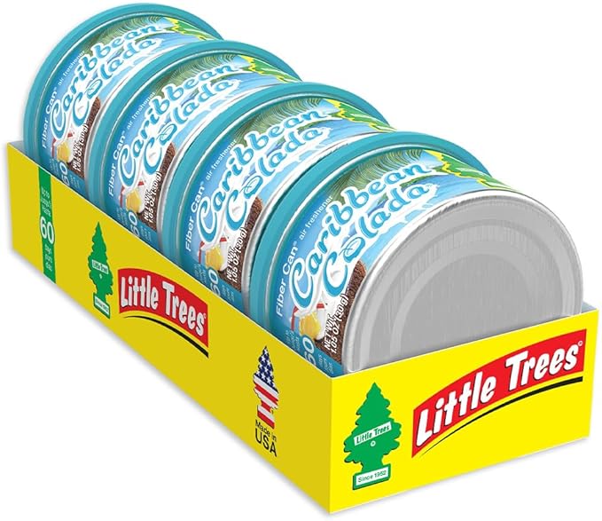 LITTLE TREES Car Air Freshener | Fiber Can Provides Long Lasting Scent for Auto or Home | Recycled Fiber | Caribbean Colada, 4 Air Fresheners