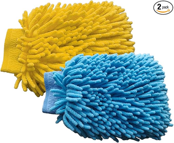 JOYCOURT 2PCS Microfiber Soft Chenille Car Wash Mitts, Scratch and Lint Free Car Dusting Glove, Double Sided Wash Mitt, Ultra Absorbent for Car Washing, Home Cleaning Mitt (Blue&Yellow)