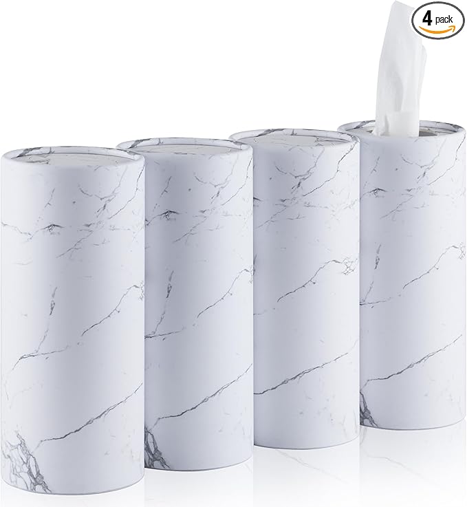 SINGARO Car Tissue Holder, 4 Pack Car Cup Holder Facial Tissues with Travel Tissue Bag, Quick and Convenient Flower Combination Car Tissue Box(4 Canisters/200 Tissues) White