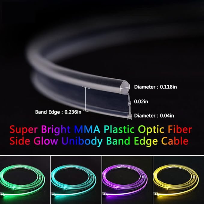 Super Bright MMA Plastic Optic Fiber Side Glow Unibody Band Edge Cable Car LED Illumination Optic Fiber Band Car Interior Atmosphere Lights (6.56ft)