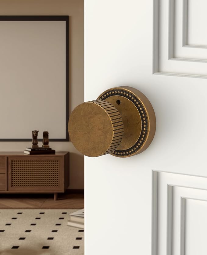 Asidrama 1 Pack Antique Brass Privacy Door Knobs with Lock, Vintage Door Handles with Antique Brass Door Knobs Interior for Bedroom or Bathroom, Heavy Duty Door Lever for Left Right Sided Doors