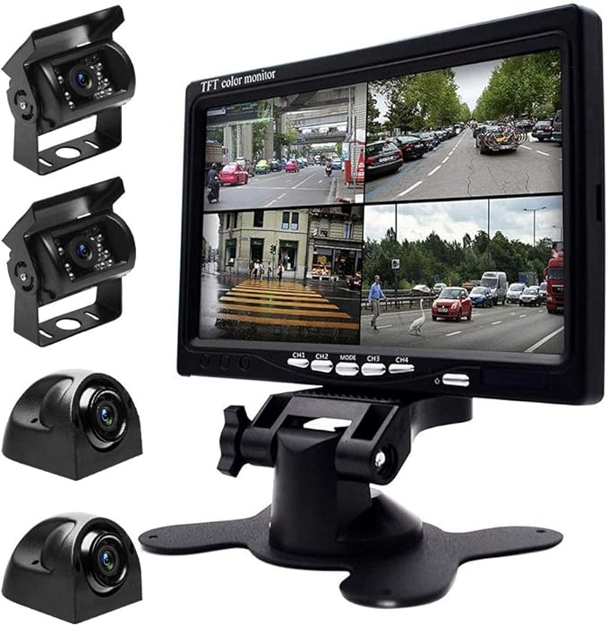 RV Backup Camera System- 7 Inch 4 Split Reversing Monitor, Night Vision, IP68 Waterproof, Parking Monitoring, Hard-Wired Backup Camera for Trucks/Bus/Trailer/RV/Pickup