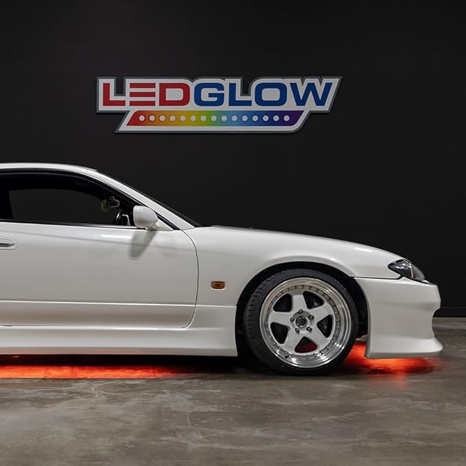 LEDGlow 4pc Orange Flexible Car Slimline LED Underbody Underglow Accent Neon Lighting Kit - 4 Unique Patterns - Water Resistant, Low Profile Tubes - Includes Control Box & Remote