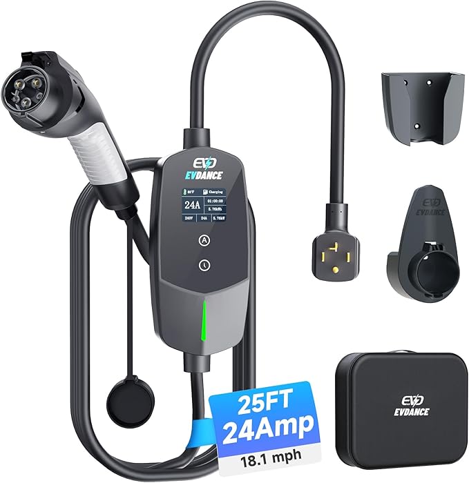 EVDANCE Level 2 EV Charger 24Amp 240V - NEMA 14-30P Charging Station, 25FT Cable for Home/Garage, J1772 Electric Vehicles & Adjustable Current (10-24A) (for J1772(Non-Tesla Evs), NEMA 14-30 Plug)