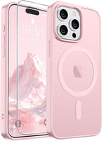 SUPFINE Magnetic for iPhone 15 Pro Max Case with Screen Protector (Compatible with MagSafe) (Military Grade Drop Protection) Translucent Matte Shockproof Phone Cover,Light Pink