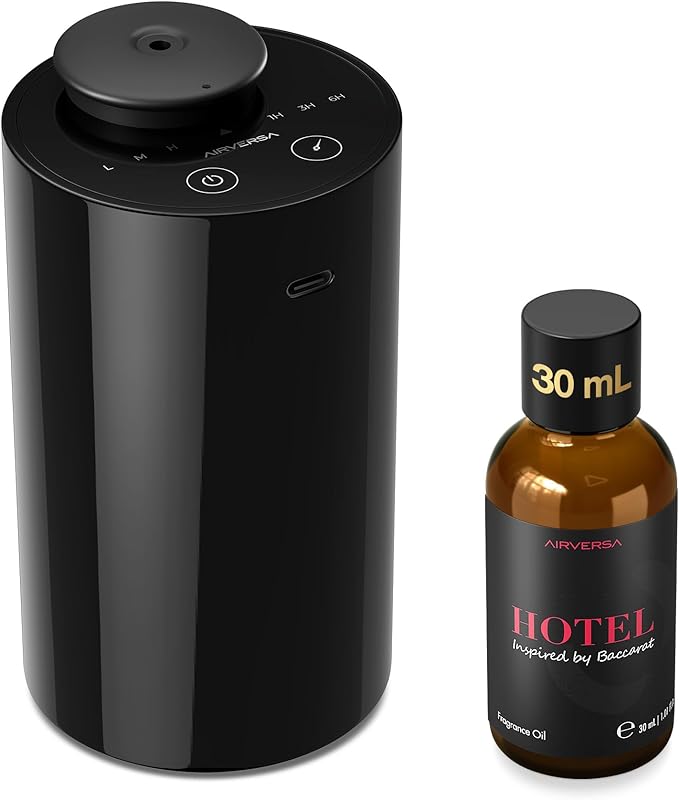 Airversa Waterless Essential Oil Diffuser Starter Kit with 30mL Hotel Fragrance Oil Inspired by BaCRT, Battery Operated Car Diffuser, Portable Aroma Nebulizer for Home Car Office, AN6Kit-C, Black