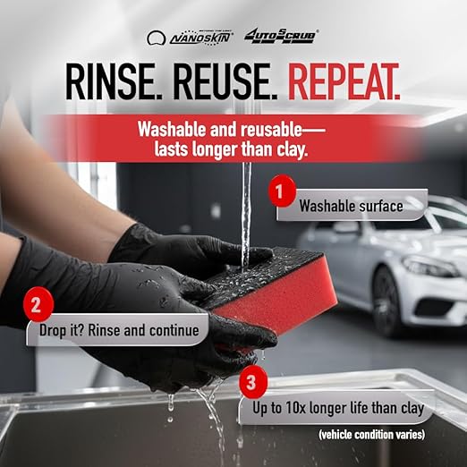 Nanoskin AUTOSCRUB Surface Prep Sponge - Medium Grade - Patented Clay Bar Replacement Tool to Remove Embedded Contaminants Before Wax & Coating | Safe for Painted Surface, Glass, Plastic, Metal & More