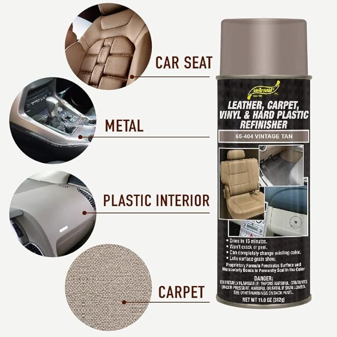 SM Arnold Refinishing Spray Paint - VINTAGE TAN 11 Oz. - For Leather, Carpet, Vinyl, Metal, Plastic, Polycarbonate, Polypropylene, Acrylic, Lexan, Fiberglass | Pro Grade Aerosol Refinisher