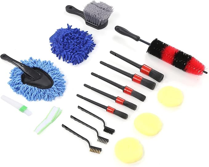 17Pcs Detailing Brush Set, Wheel Scrub Cleaning Tool Kit for Car Truck, Includes Long Wheel Rim Brush, 5 Detail Brushes, Steel Wire Brushes, Car Wash Glove, Vent Brush, Perfect for