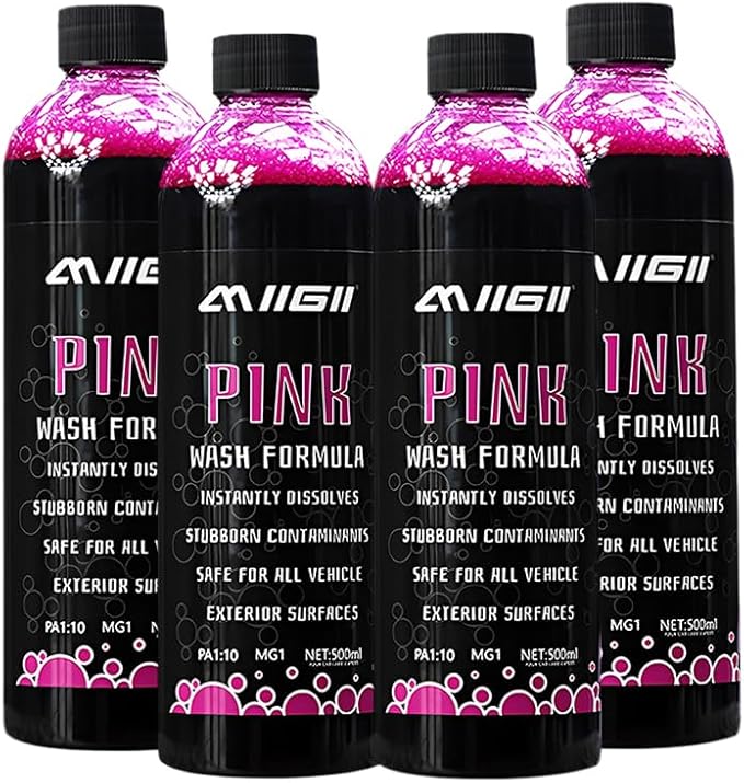 MIIGII Pre-Wash Solution Car Wash Soap - Pink Foam Car Shampoo - Powerful Formula Penetrates and Breaks Down Tree Sap, Bird Droppings & Tough Stains - Works on RVs, Trucks, Cars & More - 500ml (17oz)