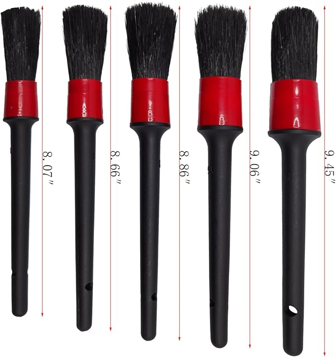 Car Detailing Brush Set of 5 - Soft Boar Hair, Car Wash Brush, Wheel Cleaner Brush, Car Dust Brush, Car Interior Leather Seat and Vent Brush, Parts Cleaner Brush
