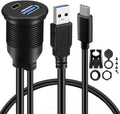 BATIGE Type C 3.0 and USB 3.0 A Male to Female AUX Car Mount Flush Cable Waterproof Extension for Car Truck Boat Motorcycle Dashboard Panel - 3ft