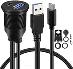 BATIGE Type C 3.0 and USB 3.0 A Male to Female AUX Car Mount Flush Cable Waterproof Extension for Car Truck Boat Motorcycle Dashboard Panel - 3ft