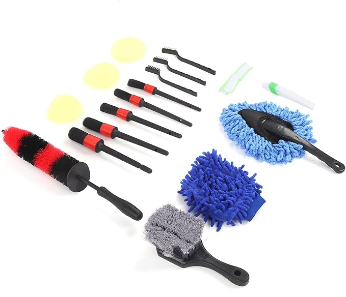 17Pcs Detailing Brush Set, Wheel Rim Cleaning Kit, Car Truck Interior Exterior Air Vents Emblems Scrub Tool with Long Wheel Brush, Detail Brushes, Steel Wire Brushes for Hard to Re