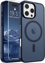 SUPFINE Magnetic for iPhone 16 Pro Case with Screen Protector (Compatible with MagSafe) (Military Grade Drop Protection) Translucent Matte Shockproof Phone Cover,Dark Blue