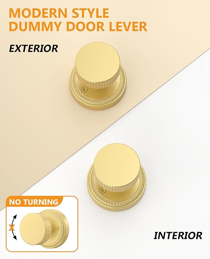 Asidrama 4 Pack Brushed Gold Dummy Door Knob, Non-Turning Decorative Door Lever with Door Knobs for Closet, French Double Doors, Pantry & Interior Push/Pull Use