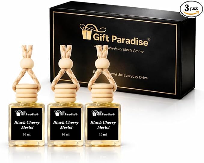 Gift Paradise® Luxury Black Cherry Merlot Car Air Freshener Set of 3 – 10 ml Hanging Glass Diffusers – Sweet Cherry & Red Wine Scent – Long-Lasting – Premium Magnetic Gift Box Included