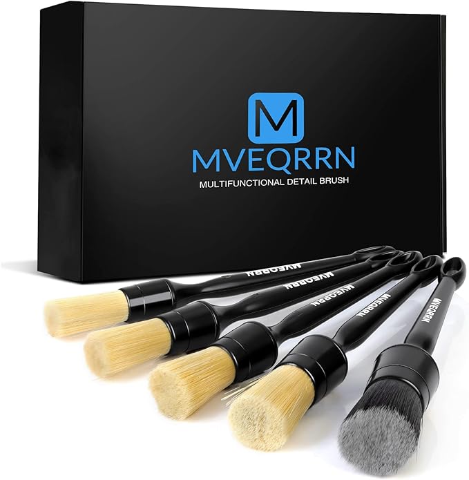 MVEQRRN Boars Hair Ultra Soft Detailing Brushes Set, 4 Pcs Premium Natural Boars Bristles, 1 Pcs Duster Detail Brush for Cleaning Car Interior Dashboard Leather Seat