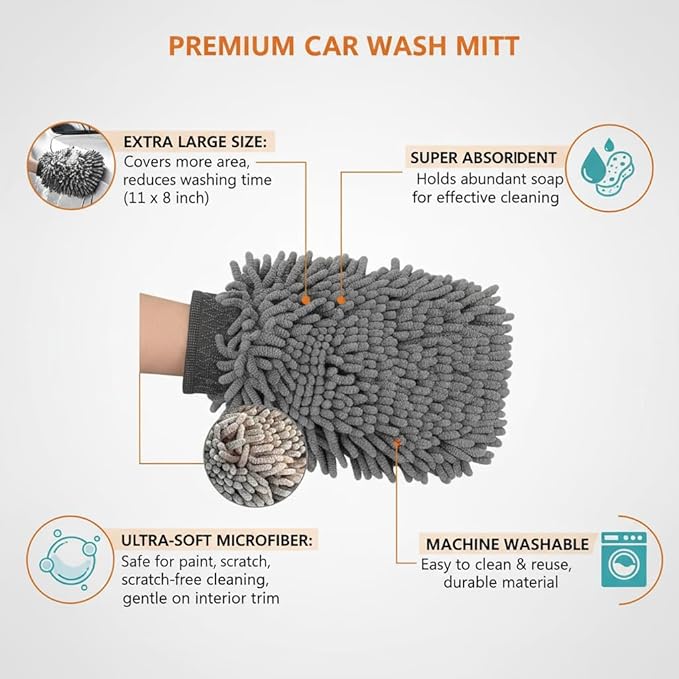 Chenille Microfiber Car Wash Mitt, Scratch Free Reusable Cleaning Glove, Soft Absorbent Auto Detailing Wash Mitt for Car Exterior & Interior – 1 Pack (Blue)