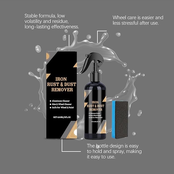 Iron Rust & Dust Remover Spray for Wheels and Rims, Aluminum Cleaner, Safe for Wheel & Paint, 120ML/4FL.OZ with Sponge