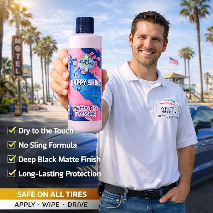 Winter White Happy Shine Matte Tire Dressing – Satin Black Tire Shine, Non-Greasy Professional Tire Dressing with UV Protection, Restores Rubber & Trim, No Sling Formula, Made in USA, 16 oz