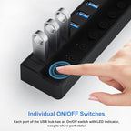 ONFINIO Powered USB Hub 3.0, 10-Port USB Splitter Hub with Individual On/Off Switches and 12V/2A Power Adapter USB Extension