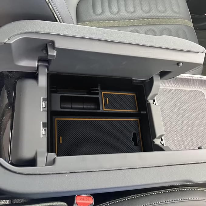 BestEvMod for Rivian R1T & R1S Accessories Center Console Organizer Tray Armrest Storage Box ABS Material with PVC Trim Compatible with Rivian R1T/R1S 2022 2023 2024 2025 2026 Accessories(V2 Yellow)