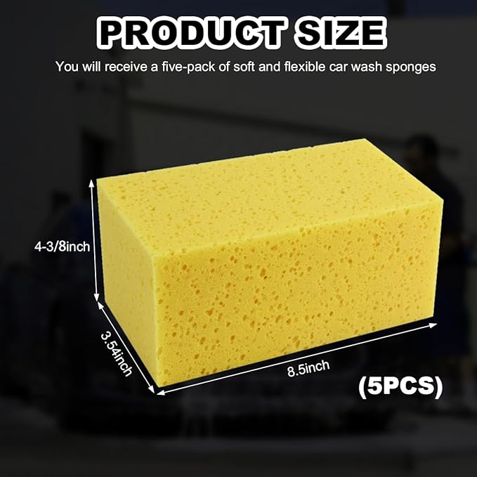 5PCS Car Wash Sponges, 8.5"×4.4"×3.5" Large Extra Soft Coral Non Scratch Sponge, Car Cleaning Cellulose Sponge Thick Foam Pad for Washing Window Sensitive Surfaces (Yellow)