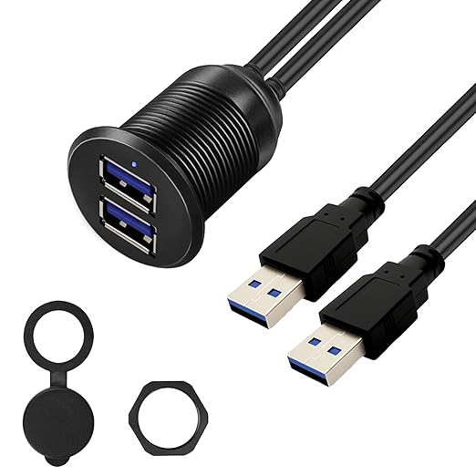 2 Ports Dual USB 3.0 Car Mount Flush Cable with LED Light, Male to Female, Metal Shell, 5Gbps USB Dashboard Panel Mount Waterproof Extension Cord for Car Truck Boat Motorcycle (2M/6.6Ft)
