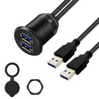 2 Ports Dual USB 3.0 Car Mount Flush Cable with LED Light, Male to Female, Metal Shell, 5Gbps USB Dashboard Panel Mount Waterproof Extension Cord for Car Truck Boat Motorcycle (2M/6.6Ft)