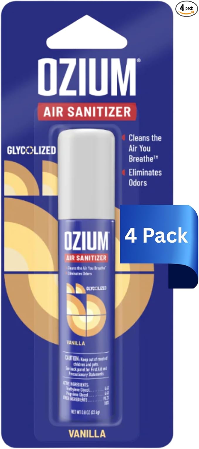 Ozium 0.8 oz. Air Sanitizer & Odor Eliminator for Homes, Cars, Offices and More, Vanilla Scent, Pack of 4