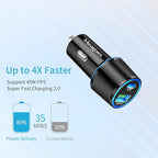 67.5W Car Charger USB C Super Fast Charging, 45W USBC & QC3.0 Port Plug for iPhone 17 Pro Max/Air/16/15/iPad, Samsung S26/S25 Android Cell Phone, Dual 12V Cigarette Lighter Adapter+ 10 ft Type C Cable