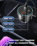200W Car Charger, USB C Car Charger PD3.0 QC4.0 PPS Fast Charging Car Adapter with 2 100W USB C Cable 3 Port Type C Cigarette Lighter for Dell XPS, MacBook, iPhone 16 15 14, Galaxy S24 Ultra, iPad Pro